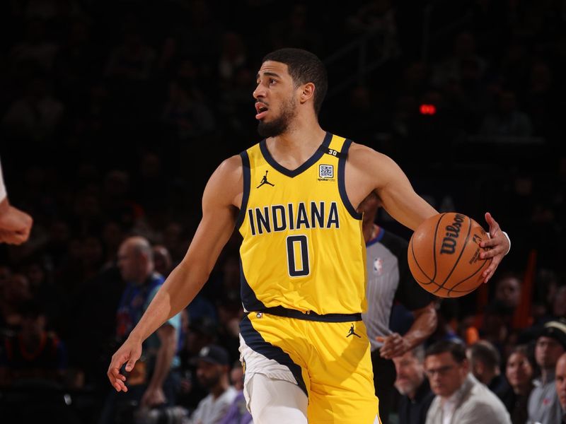 NEW YORK, NY - FEBRUARY 1: Tyrese Haliburton #0 of the Indiana Pacers dribbles the ball during the game against the New York Knicks on February 1, 2024 at Madison Square Garden in New York City, New York.  NOTE TO USER: User expressly acknowledges and agrees that, by downloading and or using this photograph, User is consenting to the terms and conditions of the Getty Images License Agreement. Mandatory Copyright Notice: Copyright 2024 NBAE  (Photo by Nathaniel S. Butler/NBAE via Getty Images)