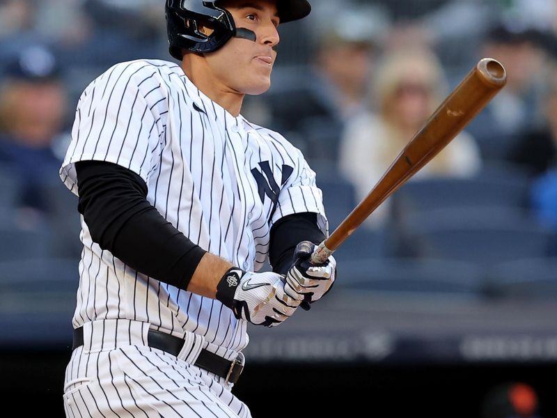 Apr 1, 2023; Bronx, New York, USA; New York Yankees first baseman Anthony Rizzo (48) follows through on an RBI double against the San Francisco Giants during the fifth inning at Yankee Stadium. Mandatory Credit: Brad Penner-USA TODAY Sports