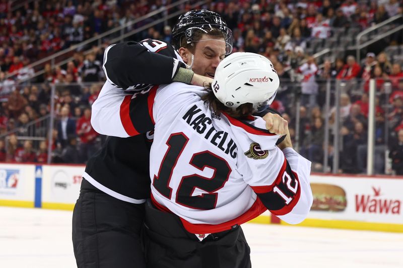 Mar 23, 2024; Newark, New Jersey, USA; New Jersey Devils defenseman Kurtis MacDermid (23) and Ottawa Senators center Mark Kastelic (12) fight during the first period at Prudential Center. Mandatory Credit: Ed Mulholland-USA TODAY Sports