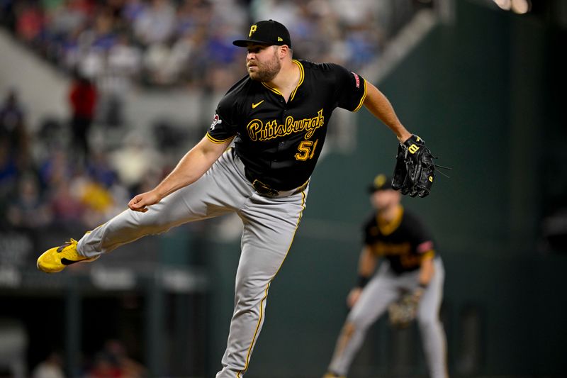 Aug 21, 2024; Arlington, Texas, USA; Pittsburgh Pirates relief pitcher David Bednar (51) pitches against the Texas Rangers during the ninth inning at Globe Life Field. Mandatory Credit: Jerome Miron-USA TODAY Sports