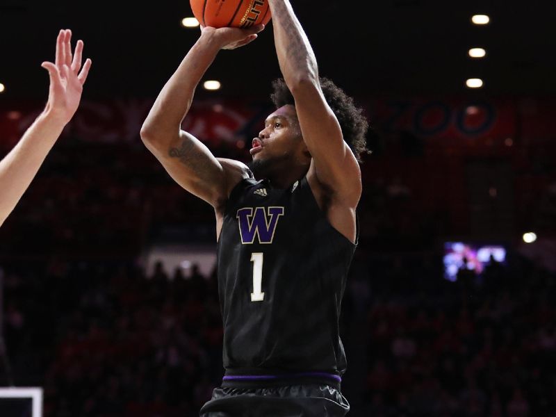 Jan 5, 2023; Tucson, Arizona, USA; Washington Huskies forward Keion Brooks (1) shoots in the first half at McKale Center. Mandatory Credit: Zachary BonDurant-USA TODAY Sports