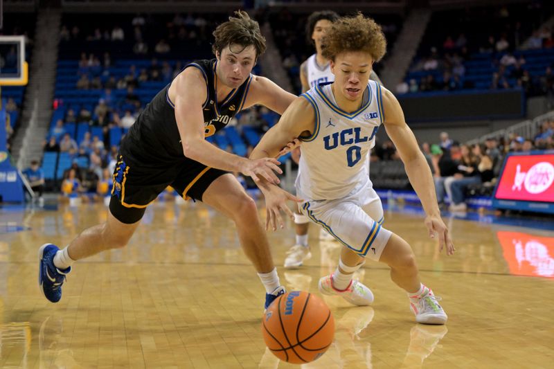 Dec 23, 2025; Los Angeles, California, USA; UC Riverside Highlanders forward Dylan Godfrey (23) and UCLA Bruins guard Trent Perry (0) chase down a loose ball in the second half at Pauley Pavilion presented by Wescom Financial. Mandatory Credit: Jayne Kamin-Oncea-Imagn Images
