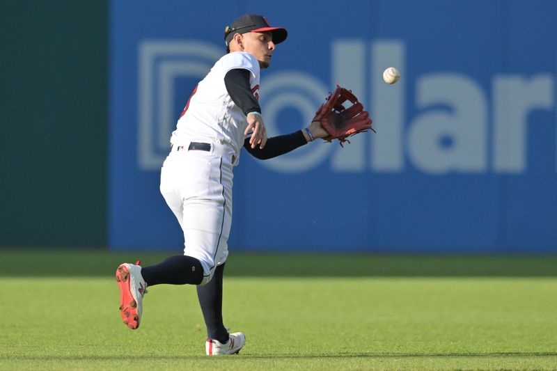 May 26, 2023; Cleveland, Ohio, USA; Cleveland Guardians second baseman Andres Gimenez (0) catches a ball hit by St. Louis Cardinals third baseman Nolan Arenado (not pictured) during the first inning at Progressive Field. Mandatory Credit: Ken Blaze-USA TODAY Sports