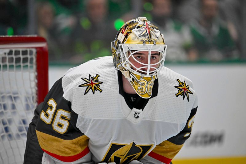 Apr 22, 2024; Dallas, Texas, USA; Vegas Golden Knights goaltender Logan Thompson (36) faces the Dallas Stars attack during the second period in game one of the first round of the 2024 Stanley Cup Playoffs at the American Airlines Center. Mandatory Credit: Jerome Miron-USA TODAY Sports