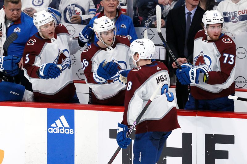 Apr 21, 2024; Winnipeg, Manitoba, CAN; Colorado Avalanche defenseman Cale Makar (8) celebrates his third period goal against the Winnipeg Jets in game one of the first round of the 2024 Stanley Cup Playoffs at Canada Life Centre. Mandatory Credit: James Carey Lauder-USA TODAY Sports