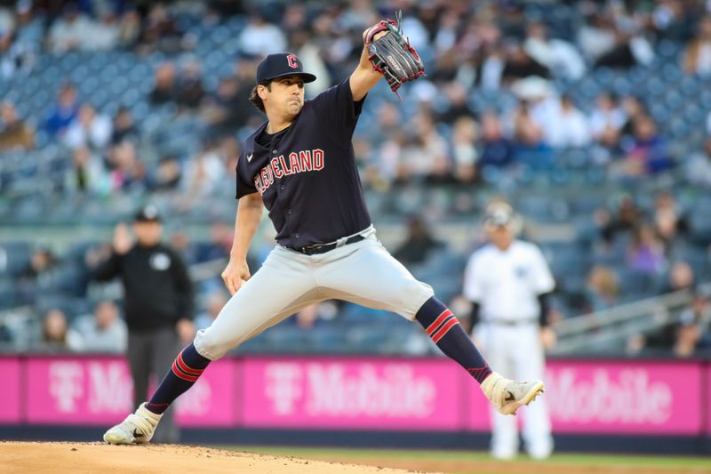 May 1, 2023; Bronx, New York, USA;  Cleveland Guardians starting pitcher Cal Quantrill (47) pitches in the first inning against the New York Yankees at Yankee Stadium. Mandatory Credit: Wendell Cruz-USA TODAY Sports