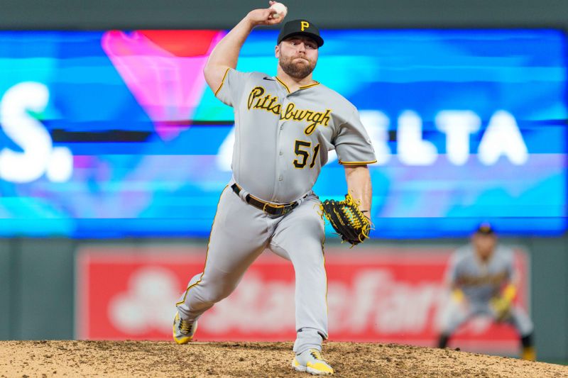 Aug 19, 2023; Minneapolis, Minnesota, USA; Pittsburgh Pirates relief pitcher David Bednar (51) pitches against the Minnesota Twins in the eighth inning at Target Field. Mandatory Credit: Matt Blewett-USA TODAY Sports