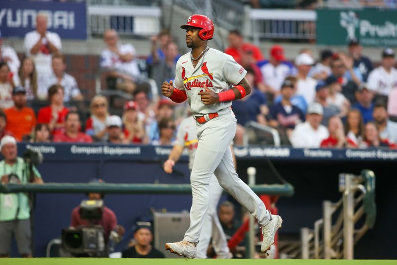 Sep 7, 2023; Atlanta, Georgia, USA; St. Louis Cardinals right fielder Jordan Walker (18) scores a run against the Atlanta Braves in the second inning at Truist Park. Mandatory Credit: Brett Davis-USA TODAY Sports