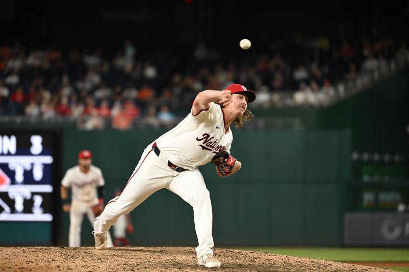 May 8, 2024; Washington, District of Columbia, USA; Washington Nationals pitcher Jordan Weems (51) throws a pitch against the Baltimore Orioles during the eleventh inning at Nationals Park. Mandatory Credit: Rafael Suanes-USA TODAY Sports