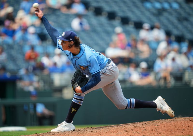 Jul 15, 2023; Kansas City, Missouri, USA; Tampa Bay Rays starting pitcher Tyler Glasnow (20) pitches during the sixth inning against the Kansas City Royals at Kauffman Stadium. Mandatory Credit: Jay Biggerstaff-USA TODAY Sports