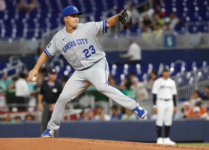 Jun 6, 2023; Miami, Florida, USA; Kansas City Royals starting pitcher Zack Greinke (23) pitches against the Miami Marlins during the first inning at loanDepot Park. Mandatory Credit: Rhona Wise-USA TODAY Sports