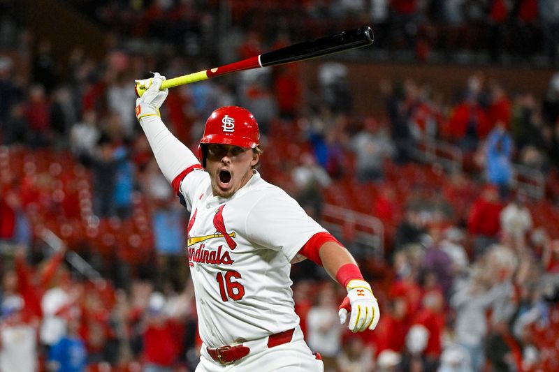 Apr 22, 2024; St. Louis, Missouri, USA;  St. Louis Cardinals second baseman Nolan Gorman (16) reacts after hitting a walk-off two run home run against the Arizona Diamondbacks during the ninth inning at Busch Stadium. Mandatory Credit: Jeff Curry-USA TODAY Sports