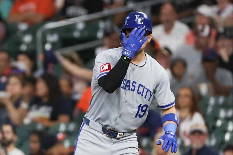 Aug 29, 2024; Houston, Texas, USA; Kansas City Royals second baseman Michael Massey (19) reacts to his single against the Houston Astros in the first inning at Minute Maid Park. Mandatory Credit: Thomas Shea-USA TODAY Sports