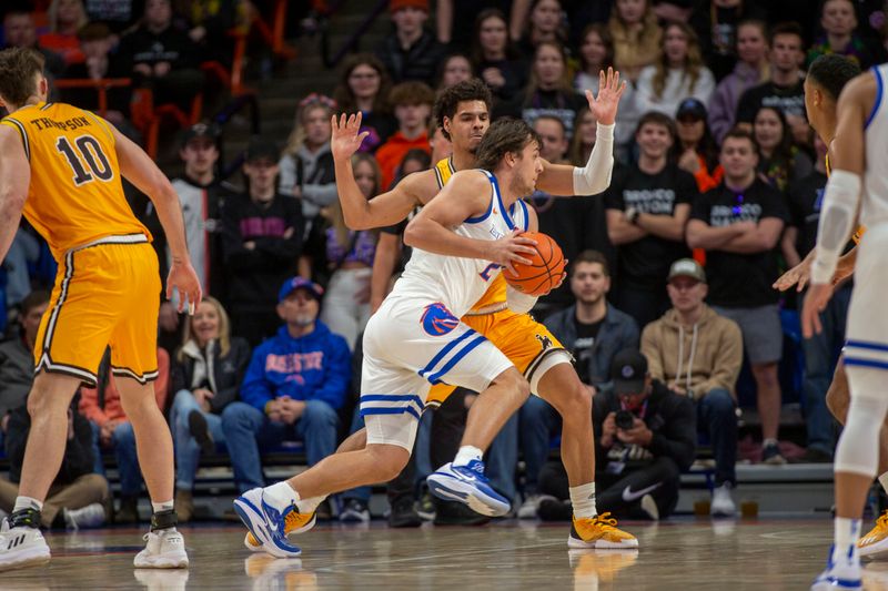 Feb 11, 2023; Boise, Idaho, USA; Boise State Broncos forward Tyson Degenhart (2) drives during the first half against the Wyoming Cowboys at ExtraMile Arena. Mandatory Credit: Brian Losness-USA TODAY Sports

