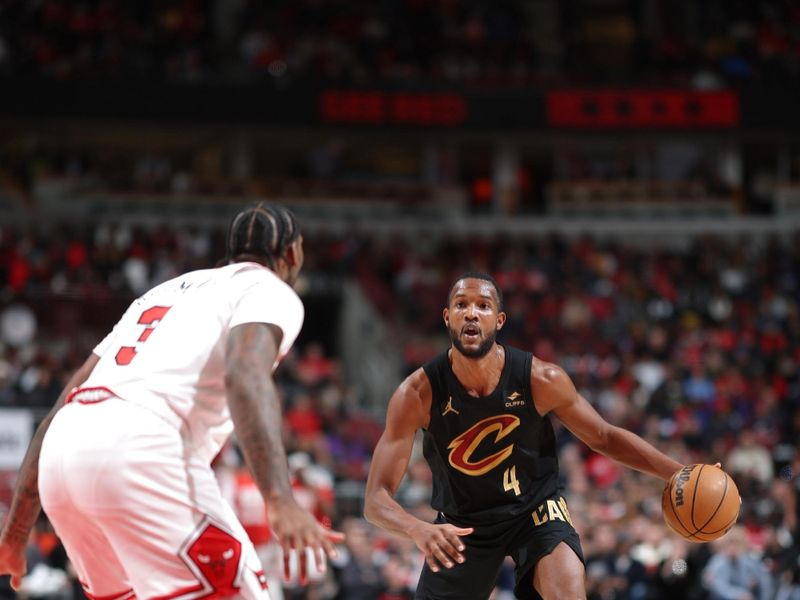 CHICAGO, IL - FEBRUARY 28: Evan Mobley #4 of the Cleveland Cavaliers dribbles the ball during the game against the Chicago Bulls on February 28, 2024 at United Center in Chicago, Illinois. NOTE TO USER: User expressly acknowledges and agrees that, by downloading and or using this photograph, User is consenting to the terms and conditions of the Getty Images License Agreement. Mandatory Copyright Notice: Copyright 2024 NBAE (Photo by Jeff Haynes/NBAE via Getty Images)