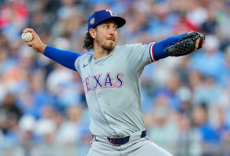 May 3, 2024; Kansas City, Missouri, USA; Texas Rangers pitcher Michael Lorenzen (23) pitches during the second inning against the Kansas City Royals at Kauffman Stadium. Mandatory Credit: Jay Biggerstaff-USA TODAY Sports