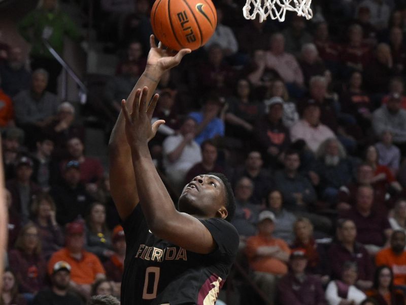 Mar 4, 2023; Blacksburg, Virginia, USA; Florida State Seminoles guard Chandler Jackson (0) shoots the ball against the Virginia Tech Hokies in the first half at Cassell Coliseum. Mandatory Credit: Lee Luther Jr.-USA TODAY Sports