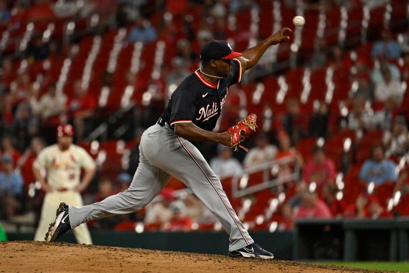 Jul 27, 2024; St. Louis, Missouri, USA; Washington Nationals relief pitcher Jose Ferrer (47) throws against the St. Louis Cardinals during the seventh inning at Busch Stadium. Mandatory Credit: Jeff Le-USA TODAY Sports