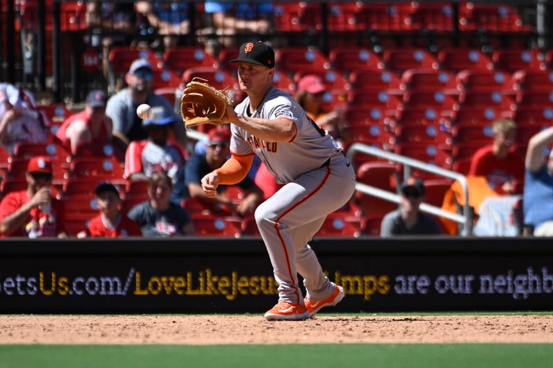 Jun 23, 2024; St. Louis, Missouri, USA; San Francisco Giants designated hitter Jorge Soler (2) fields a ground ball by the St. Louis Cardinals in the eighth inning at Busch Stadium. Mandatory Credit: Joe Puetz-USA TODAY Sports