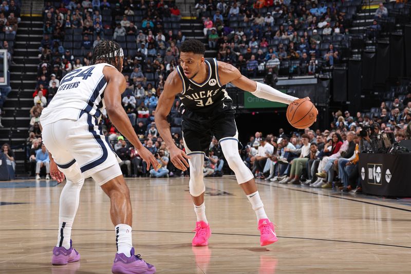 MEMPHIS, TN - FEBRUARY 15: Giannis Antetokounmpo #34 of the Milwaukee Bucks looks on during the game against the Memphis Grizzlies on February 15, 2024 at FedExForum in Memphis, Tennessee. NOTE TO USER: User expressly acknowledges and agrees that, by downloading and or using this photograph, User is consenting to the terms and conditions of the Getty Images License Agreement. Mandatory Copyright Notice: Copyright 2024 NBAE (Photo by Stephen Gosling/NBAE via Getty Images)