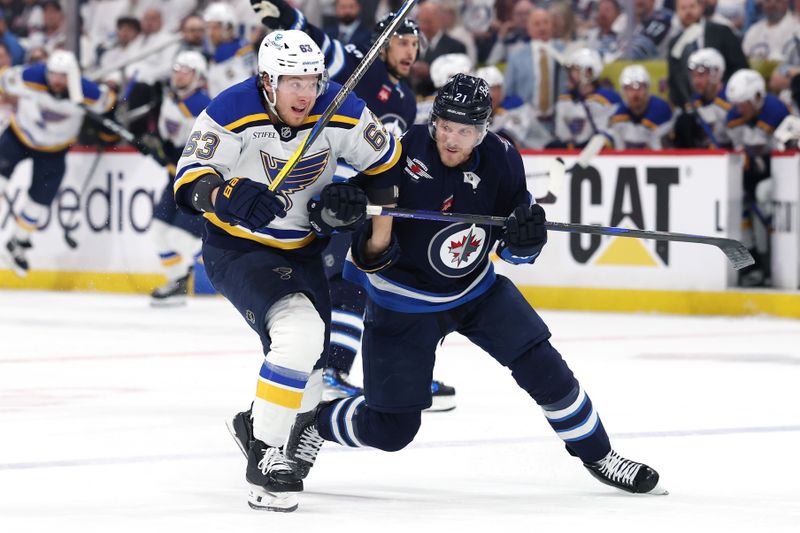 May 4, 2025; Winnipeg, Manitoba, CAN;Winnipeg Jets center Dominic Toninato (21) ties up St. Louis Blues left wing Jake Neighbours (63) in the first period in game seven of the first round of the 2025 Stanley Cup Playoffs at Canada Life Centre. Mandatory Credit: James Carey Lauder-Imagn Images