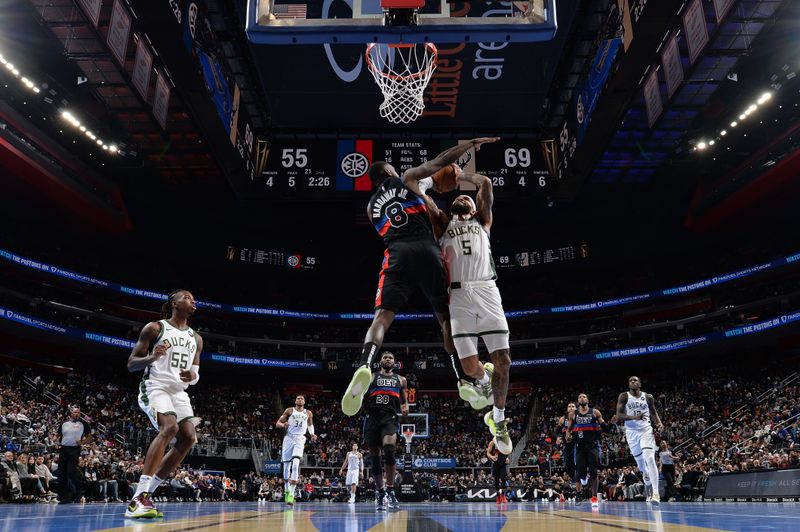 DETROIT, MI - DECEMBER 3: Gary Trent Jr. #5 of the Milwaukee Bucks drives to the basket during the game against the Detroit Pistons  during the Emirates NBA Cup game on December 3, 2024 at Little Caesars Arena in Detroit, Michigan. NOTE TO USER: User expressly acknowledges and agrees that, by downloading and/or using this photograph, User is consenting to the terms and conditions of the Getty Images License Agreement. Mandatory Copyright Notice: Copyright 2024 NBAE (Photo by Chris Schwegler/NBAE via Getty Images)