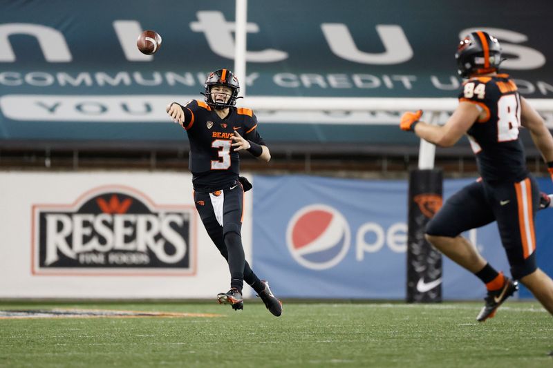 Nov 7, 2020; Corvallis, Oregon, USA; Oregon State Beavers quarterback Tristan Gebbia (3) throws a pass against the Washington State Cougars during the first half at Reser Stadium. Mandatory Credit: Soobum Im-USA TODAY Sports