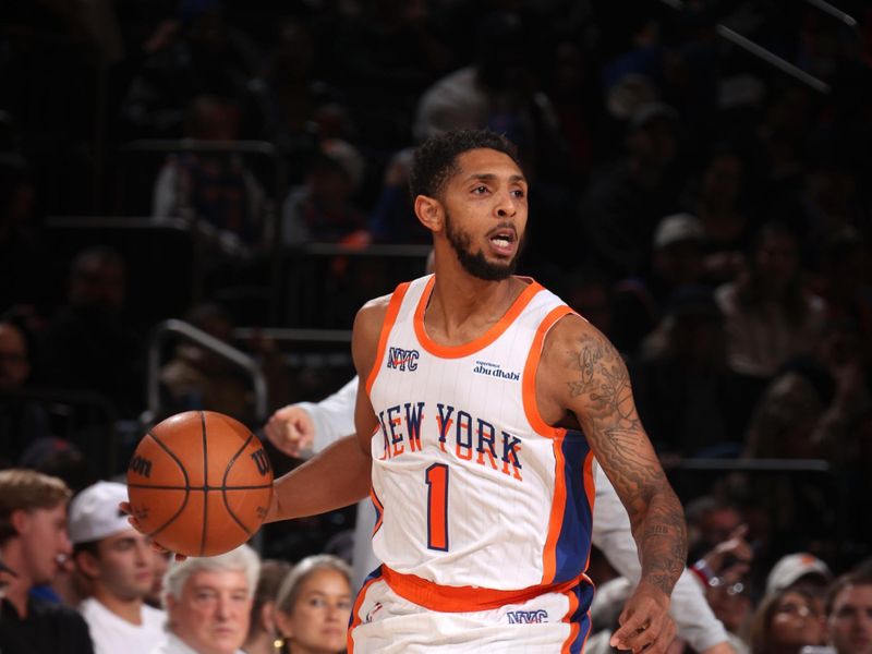 NEW YORK, NY - NOVEMBER 17: Cameron Payne #1 of the New York Knicks dribbles the ball during the game against the Brooklyn Nets on November 17, 2024 at Madison Square Garden in New York City, New York.  NOTE TO USER: User expressly acknowledges and agrees that, by downloading and or using this photograph, User is consenting to the terms and conditions of the Getty Images License Agreement. Mandatory Copyright Notice: Copyright 2024 NBAE  (Photo by Nathaniel S. Butler/NBAE via Getty Images)