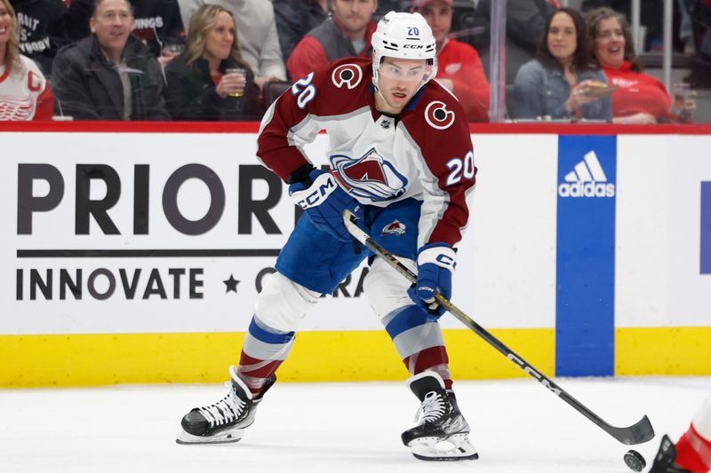 Feb 22, 2024; Detroit, Michigan, USA; Colorado Avalanche center Ross Colton (20) skates with the puck in the first period against the Detroit Red Wings at Little Caesars Arena. Mandatory Credit: Rick Osentoski-USA TODAY Sports