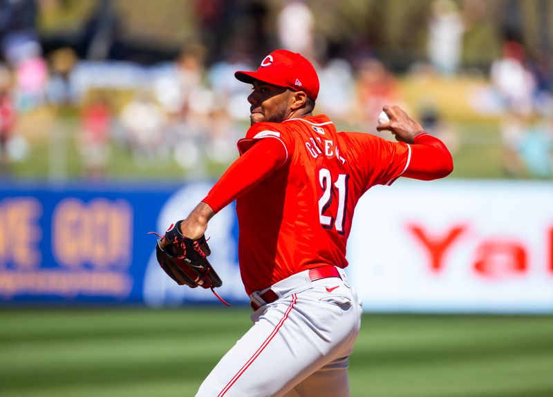 Mar 19, 2024; Tempe, Arizona, USA; Cincinnati Reds pitcher Hunter Greene against the Los Angeles Angels during a spring training game at Tempe Diablo Stadium. Mandatory Credit: Mark J. Rebilas-USA TODAY Sports