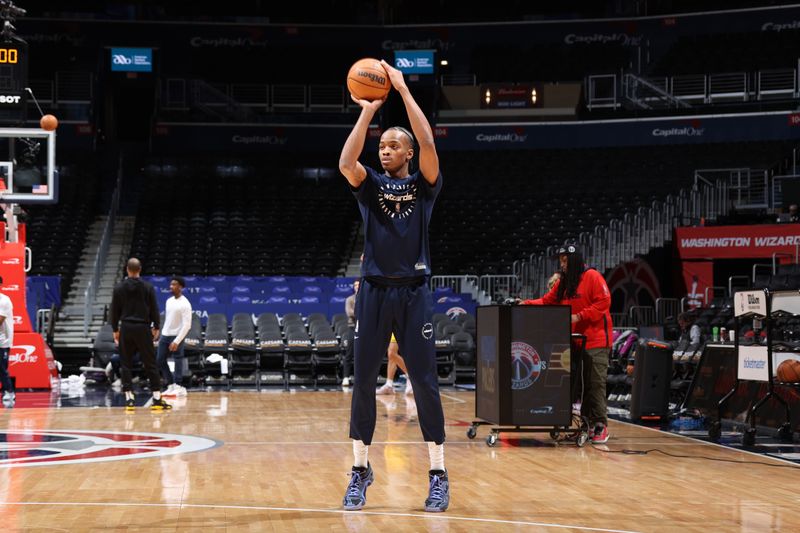 WASHINGTON, DC -? FEBRUARY 12: Bilal Coulibaly #0 of the Washington Wizards warms up before the game against the Indiana Pacers on February 12, 2025 at Capital One Arena in Washington, DC. NOTE TO USER: User expressly acknowledges and agrees that, by downloading and or using this Photograph, user is consenting to the terms and conditions of the Getty Images License Agreement. Mandatory Copyright Notice: Copyright 2025 NBAE (Photo by Stephen Gosling/NBAE via Getty Images)