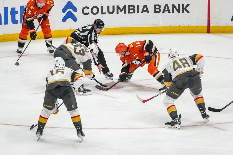 Nov 22, 2025; Anaheim, California, USA; Face off between Anaheim Ducks center Ryan Strome (16) and Vegas Golden Knights right wing Mitch Marner (93) during the second period at Honda Center. Mandatory Credit: Corinne Votaw-Imagn Images