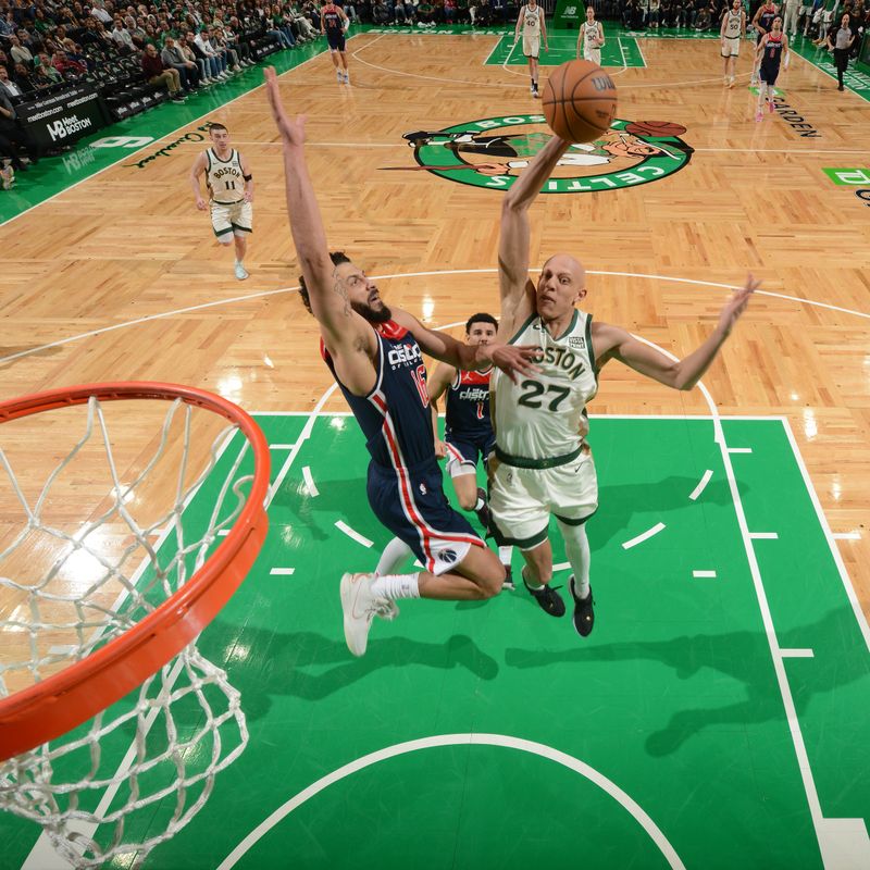 BOSTON, MA - APRIL 14: Jordan Walsh #27 of the Boston Celtics dunks the ball during the game  against the Washington Wizards on April 14, 2024 at the TD Garden in Boston, Massachusetts. NOTE TO USER: User expressly acknowledges and agrees that, by downloading and or using this photograph, User is consenting to the terms and conditions of the Getty Images License Agreement. Mandatory Copyright Notice: Copyright 2024 NBAE  (Photo by Brian Babineau/NBAE via Getty Images)