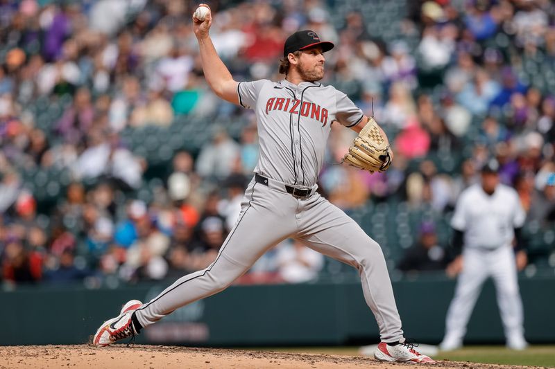 Apr 10, 2024; Denver, Colorado, USA; Arizona Diamondbacks relief pitcher Kevin Ginkel (37) pitches in the ninth inning against the Colorado Rockies at Coors Field. Mandatory Credit: Isaiah J. Downing-USA TODAY Sports