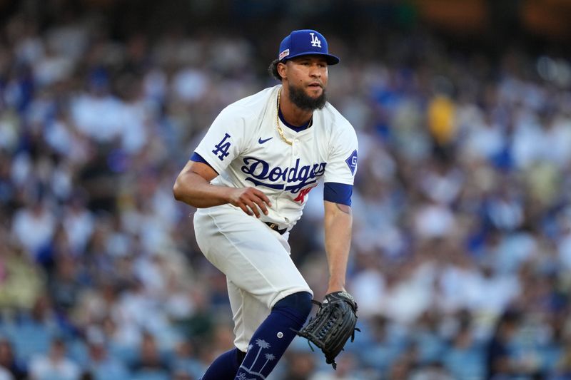 Jun 15, 2024; Los Angeles, California, USA; Los Angeles Dodgers relief pitcher Yohan Ramirez (46) reacts at the end of the fifth inning against the Kansas City Royals at Dodger Stadium. Mandatory Credit: Kirby Lee-USA TODAY Sports