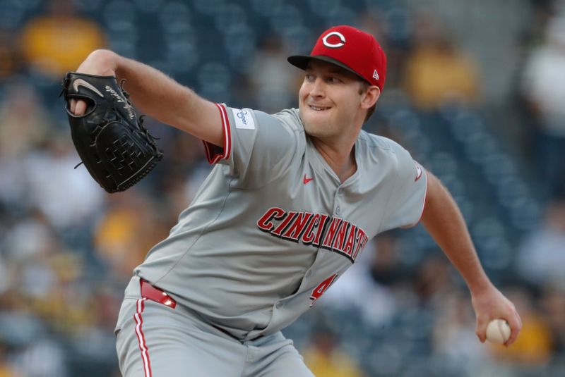 Aug 22, 2024; Pittsburgh, Pennsylvania, USA;  Cincinnati Reds starting pitcher Nick Lodolo (40) delivers a pitch against the Pittsburgh Pirates during the first inning at PNC Park. Mandatory Credit: Charles LeClaire-USA TODAY Sports