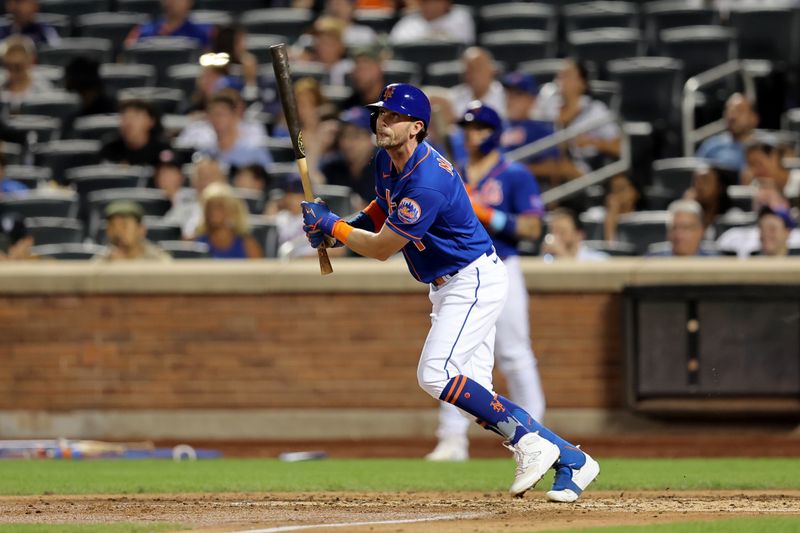 Aug 14, 2023; New York City, New York, USA; New York Mets right fielder Jeff McNeil (1) follows through on an RBI single against the Pittsburgh Pirates during the third inning at Citi Field. Mandatory Credit: Brad Penner-USA TODAY Sports