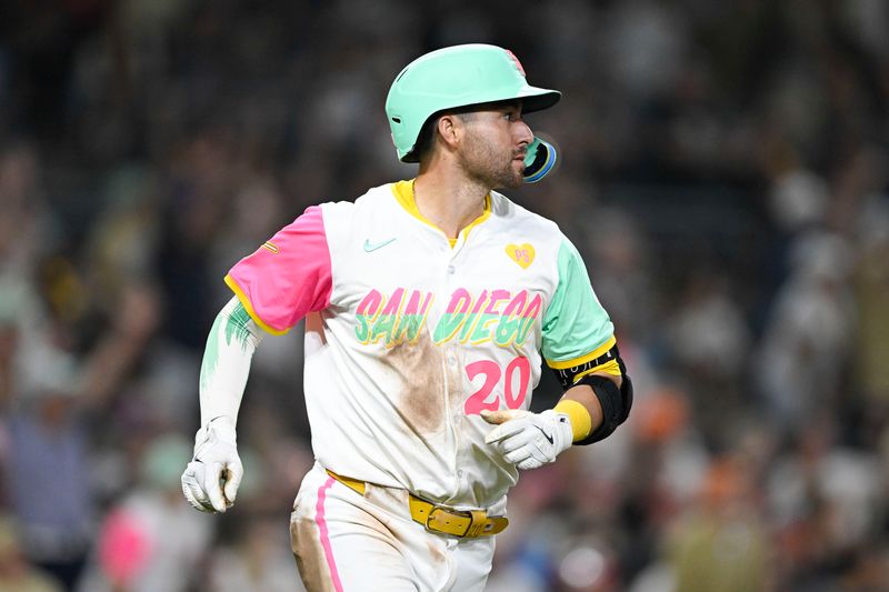 July 5, 2024; San Diego, California, USA; San Diego Padres catcher Kyle Higashioka (20) rounds the bases after hitting a two-run home run during the sixth inning against the Arizona Diamondbacks at Petco Park. Mandatory Credit: Denis Poroy-USA TODAY Sports