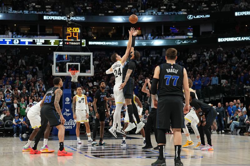 DALLAS, TX - MARCH 21: Walker Kessler #24 of the Utah Jazz and Daniel Gafford #21 of the Dallas Mavericks go up for the opening tip off on March 21, 2024 at the American Airlines Center in Dallas, Texas. NOTE TO USER: User expressly acknowledges and agrees that, by downloading and or using this photograph, User is consenting to the terms and conditions of the Getty Images License Agreement. Mandatory Copyright Notice: Copyright 2024 NBAE (Photo by Glenn James/NBAE via Getty Images)