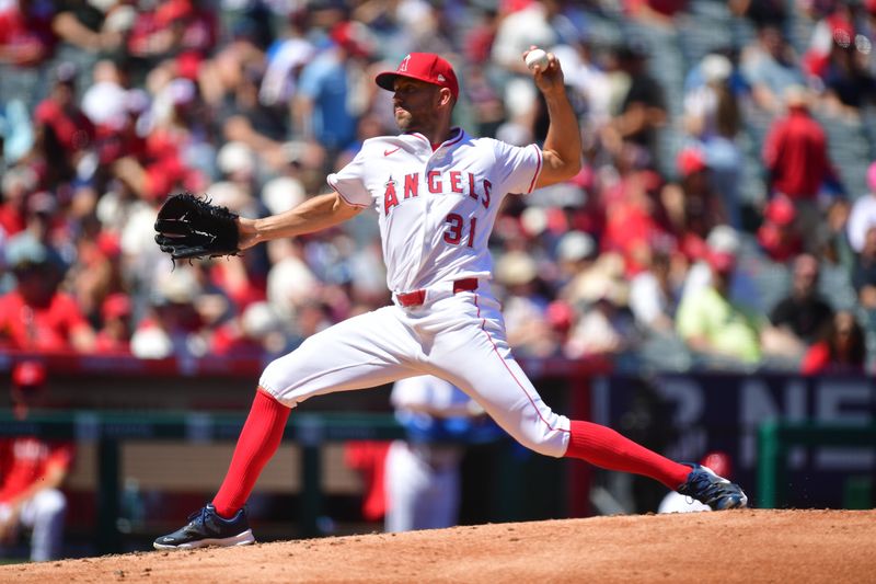 Apr 6, 2025; Anaheim, California, USA; Los Angeles Angels pitcher Tyler Anderson (31) throws against the Cleveland Guardians during the second inning at Angel Stadium. Mandatory Credit: Gary A. Vasquez-Imagn Images
