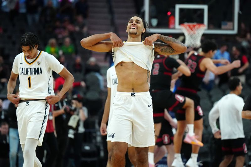 Mar 13, 2024; Las Vegas, NV, USA; California Golden Bears guard Jaylon Tyson (20) and guard Rodney Brown Jr. (1) react after the game against the Stanford Cardinal Mobile Arena. Mandatory Credit: Kirby Lee-USA TODAY Sports