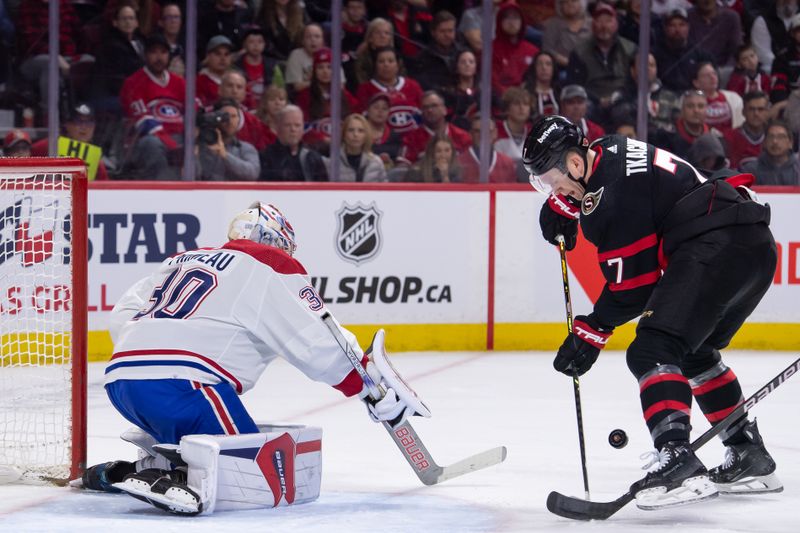 Apr 13, 2024; Ottawa, Ontario, CAN; Montreal Canadiens goalie Cayden Primeau (30) makes a save in front of Ottawa Senators left wing Brady Tkachuk (7) in the first period at the Canadian Tire Centre. Mandatory Credit: Marc DesRosiers-USA TODAY Sports