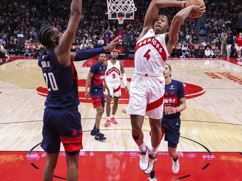 TORONTO, CANADA - MARCH 10: Scottie Barnes #4 of the Toronto Raptors dunks the ball during the game against the Washington Wizards on March 10, 2025 at the Scotiabank Arena in Toronto, Ontario, Canada.  NOTE TO USER: User expressly acknowledges and agrees that, by downloading and or using this Photograph, user is consenting to the terms and conditions of the Getty Images License Agreement.  Mandatory Copyright Notice: Copyright 2025 NBAE (Photo by Vaughn Ridley/NBAE via Getty Images)