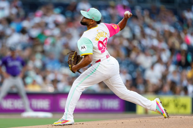 Aug 2, 2024; San Diego, California, USA;  San Diego Padres starting pitcher Randy Vasquez (98) throws a pitch during the first inning against the Colorado Rockies at Petco Park. Mandatory Credit: David Frerker-USA TODAY Sports