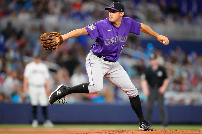 Jul 23, 2023; Miami, Florida, USA; Colorado Rockies relief pitcher Ty Blach (50) throws a pitch against the Miami Marlins during the first inning at loanDepot Park. Mandatory Credit: Rich Storry-USA TODAY Sports