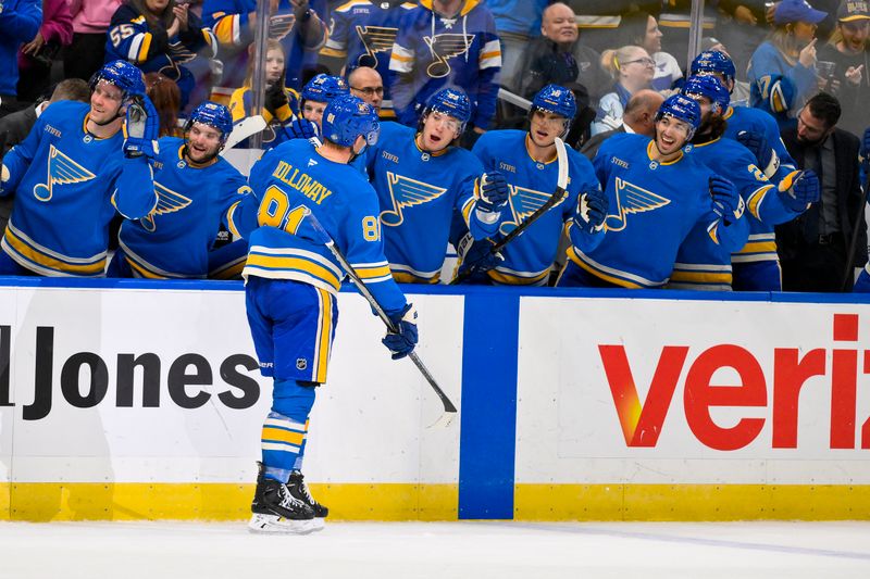 Oct 19, 2024; St. Louis, Missouri, USA;  St. Louis Blues center Dylan Holloway (81) is congratulated by teammates after scoring against the Carolina Hurricanes during the second period at Enterprise Center. Mandatory Credit: Jeff Curry-Imagn Images