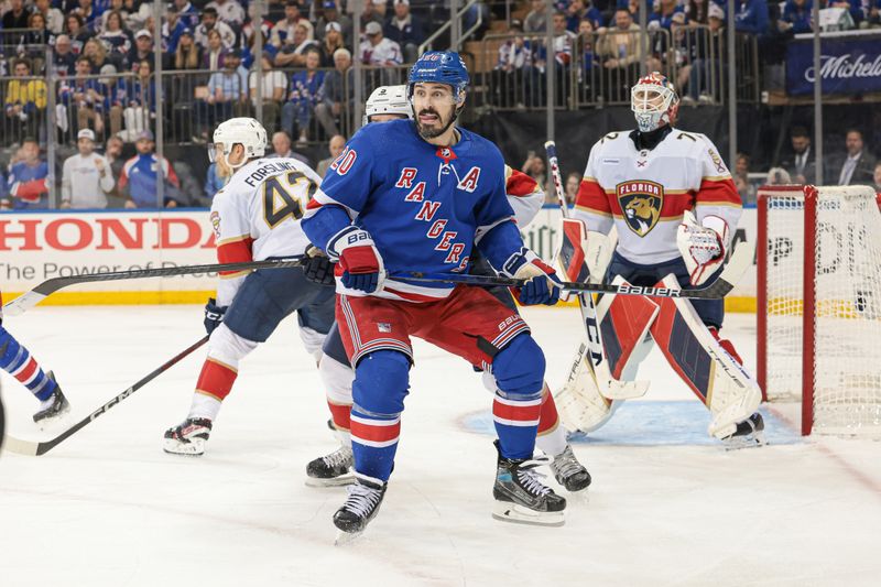 May 24, 2024; New York, New York, USA; New York Rangers left wing Chris Kreider (20) screens Florida Panthers goaltender Sergei Bobrovsky (72) during overtime in game two of the Eastern Conference Final of the 2024 Stanley Cup Playoffs at Madison Square Garden. Mandatory Credit: Vincent Carchietta-USA TODAY Sports