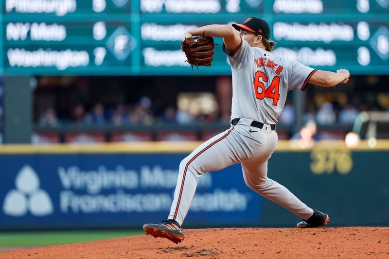 Jul 3, 2024; Seattle, Washington, USA; Baltimore Orioles starting pitcher Dean Kremer (64) throws against the Seattle Mariners during the first inning at T-Mobile Park. Mandatory Credit: Joe Nicholson-USA TODAY Sports