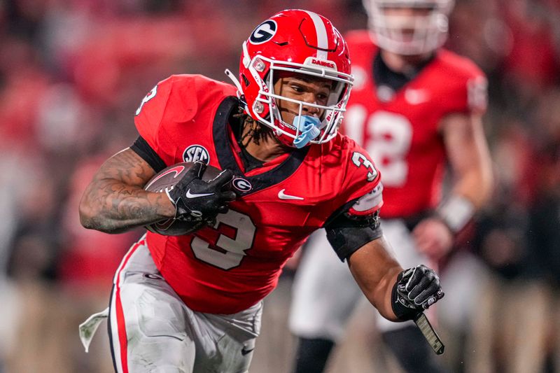 Nov 11, 2023; Athens, Georgia, USA; A Georgia Bulldogs running back Andrew Paul (3) runs for a touchdown against the Mississippi Rebels during the second half at Sanford Stadium. Mandatory Credit: Dale Zanine-USA TODAY Sports