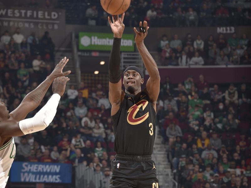 CLEVELAND, OH - MARCH 5: Caris LeVert #3 of the Cleveland Cavaliers shoots the ball during the game against the Boston Celtics on March 5, 2024 at Rocket Mortgage FieldHouse in Cleveland, Ohio. NOTE TO USER: User expressly acknowledges and agrees that, by downloading and/or using this Photograph, user is consenting to the terms and conditions of the Getty Images License Agreement. Mandatory Copyright Notice: Copyright 2024 NBAE (Photo by David Liam Kyle/NBAE via Getty Images)